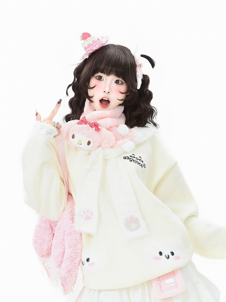 Sweater Scarf Paw Striped with Kawaii Pattern Cat Apricot/Black/Blue Embroidery Daily