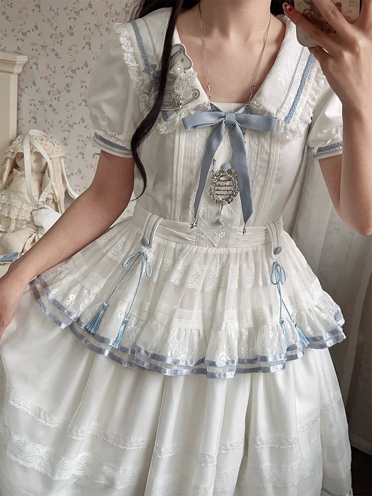 Ivory and Azure Stitched Sailor Gown with Detachable Collar - Honey Machine