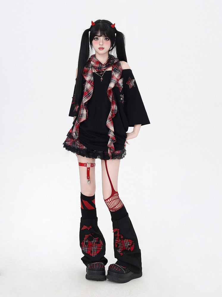 Glamorous Scarf Neckline with T-Shirt Red Plaid Star Appliques Black Asymmetrical