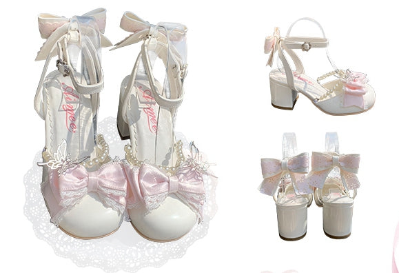 Chain Lolita Bow Shoes Detachable Sweet White Bead Jane Mary Accents and