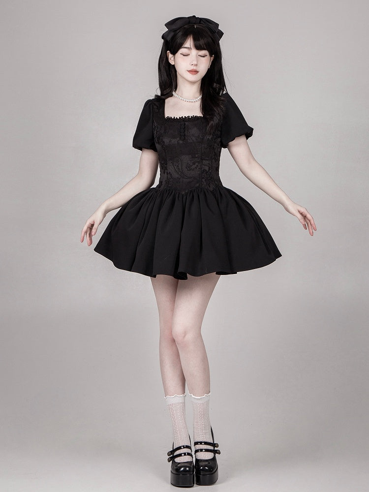 Black Square Neckline Boned Lolita OP Dress Set - With PUJI