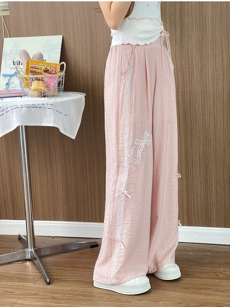 Süße normale/kurze rosa Hose mit hoher Taille und weitem Bein und Schleifenstickerei