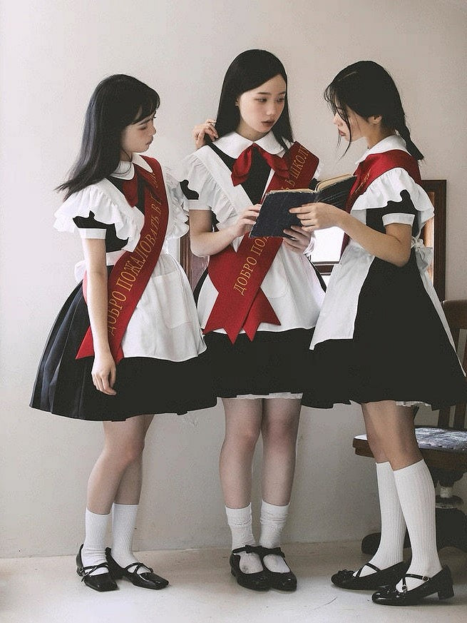 + Sleeves Full Pleated Ribbon Black with Tie Embroidered Dress Apron Short Maid Red Bow Lolita Set