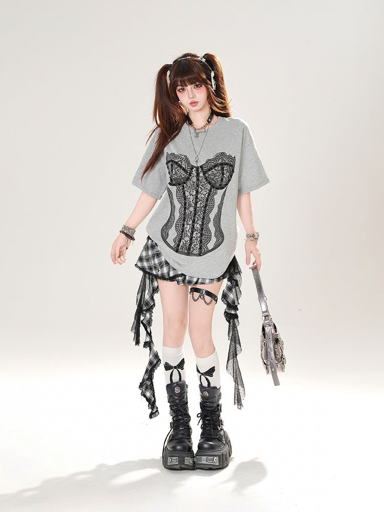 Graues, lockeres T-Shirt mit Rundhalsausschnitt und Spitzenkorsett-Design