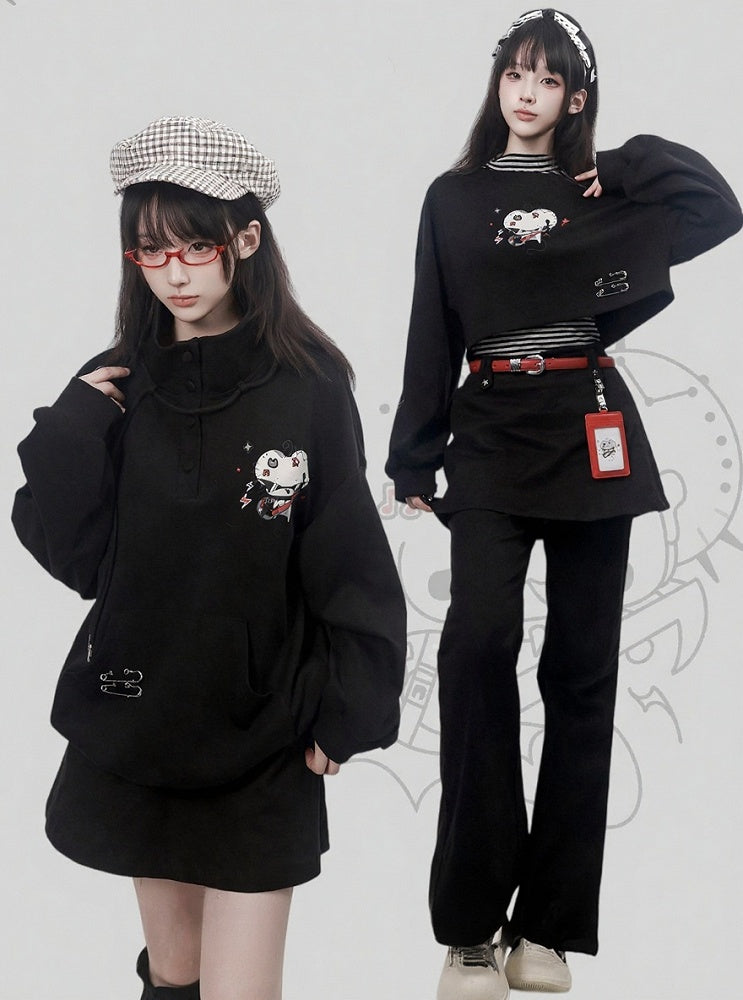 Black Flare Pants with Skirt Overlay Design and Belt - PINK SAVIOR