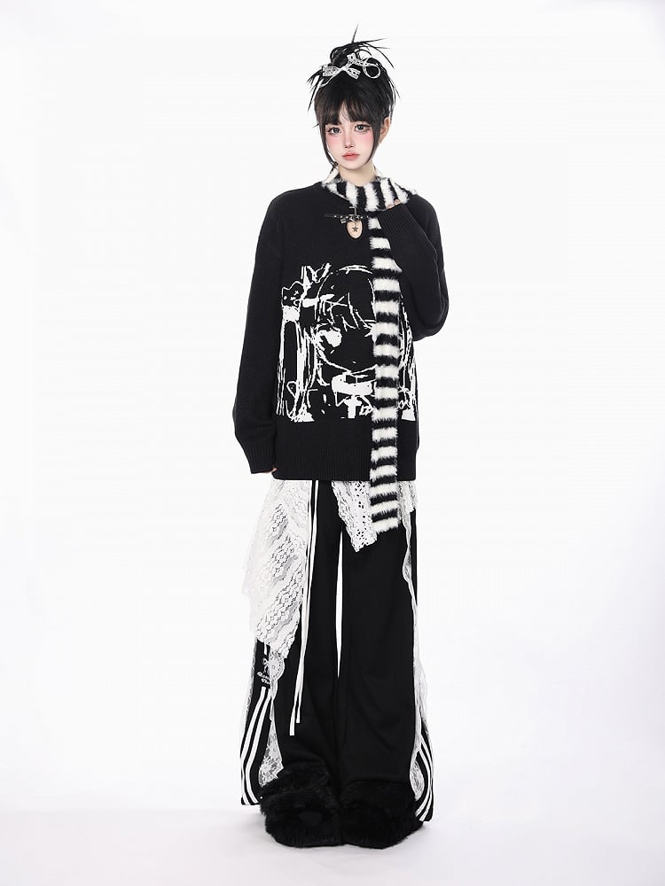 Embroidery White/Black/Blue with Lace Wide-Leg and Bow Pants Trim