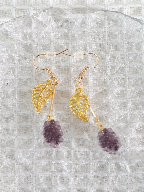Grape Purple - style Crystal / Green Sweet Leaf Earrings Lolita