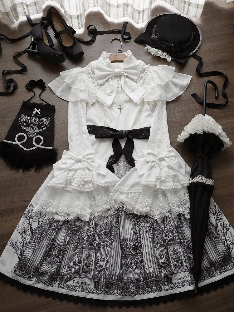 White Bell Sleeves Lace Elegant Lolita Blouse with Bow Tie - NnSTAR