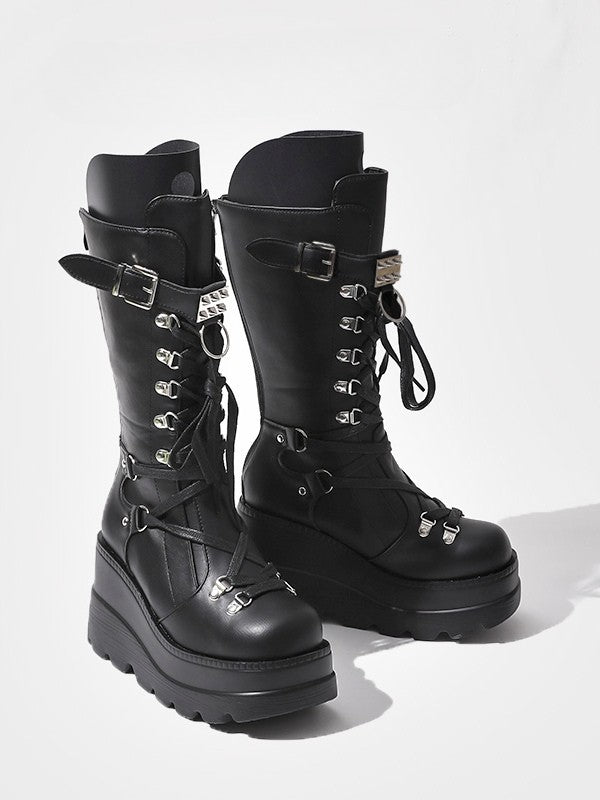 Silver Gothic Buckle Mid-Calf Boots Black Studded Strap - Platform