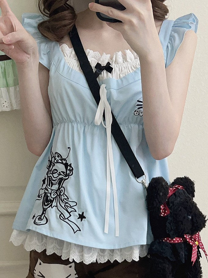 Daily Blue Two-piece with Kawaii Trim Sleeves T-shirt Lace Flutter