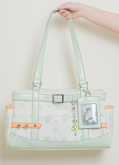 White Green Clover-Themed Large Capacity Tote Ita Bag with Strap Accents And Detachable Ita Card Holder