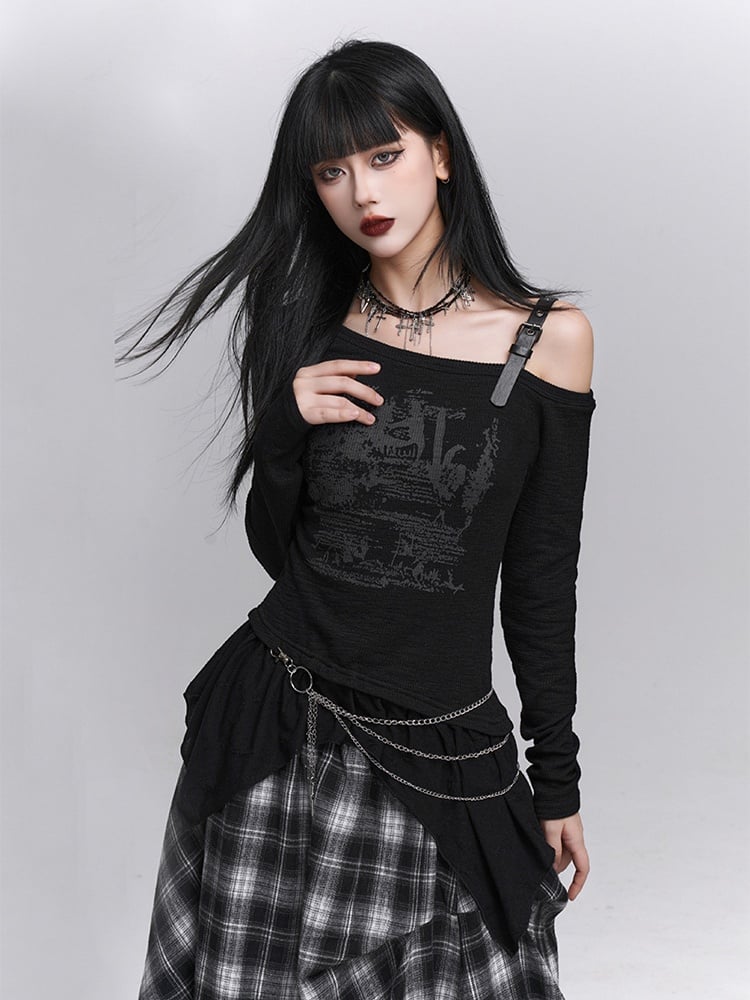 Black Gothic Asymmetrical with Graffiti Top Neck Print