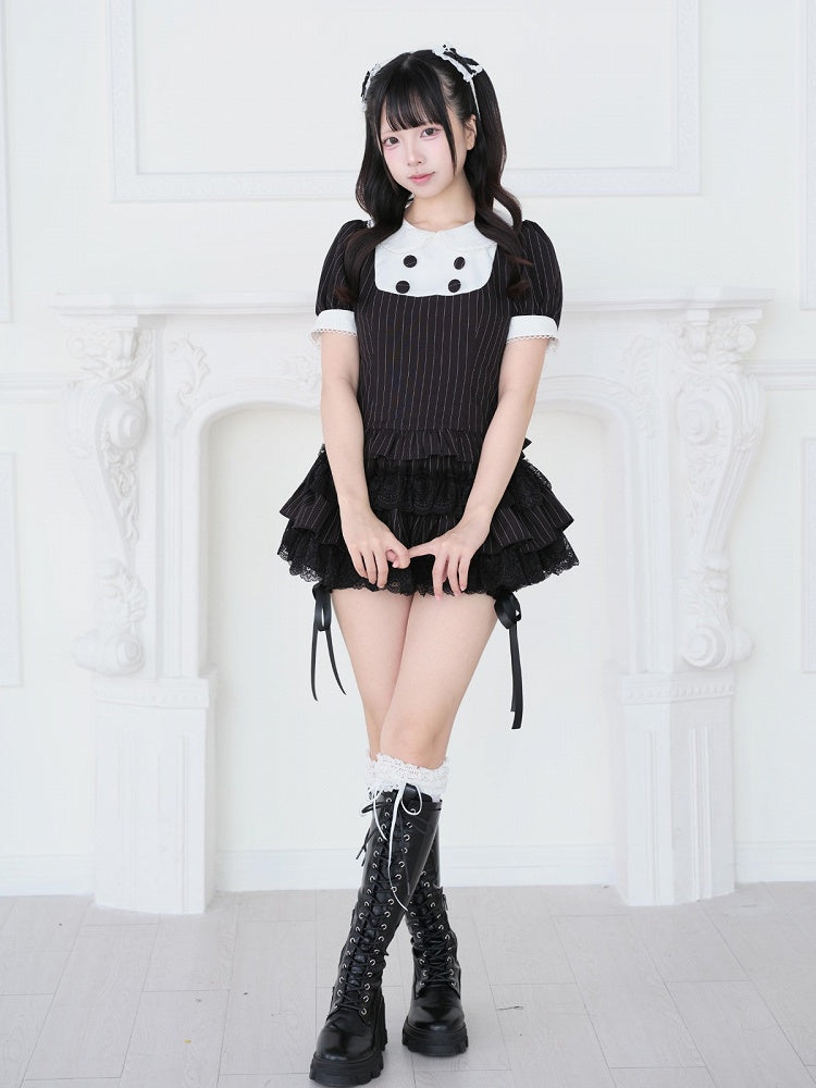 Black Striped Two-piece Set - Peter Pan Collar Top + Lace Ruffle Tiered Skirt - Jirai-Kei - No Genki