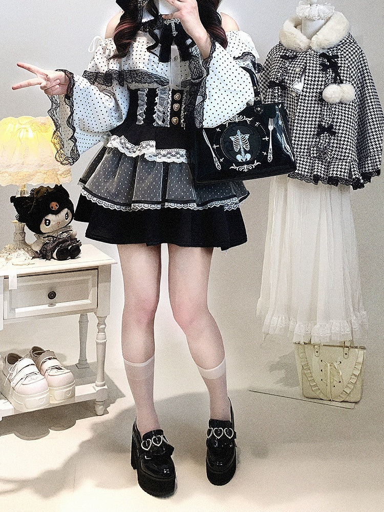 Jirai Sleeves Kei Polka-dot Bell / Blouse | White Pink