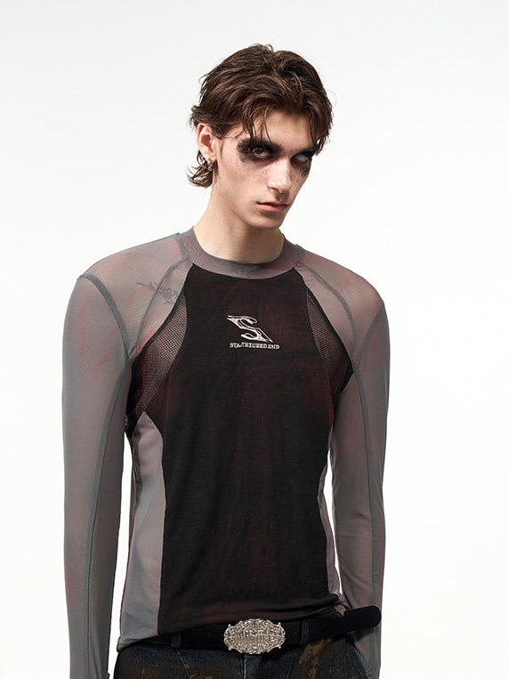 Slim-fitting Design Top Panel Sleeve Thumbhole Cuffs Black with Long Semi-sheer