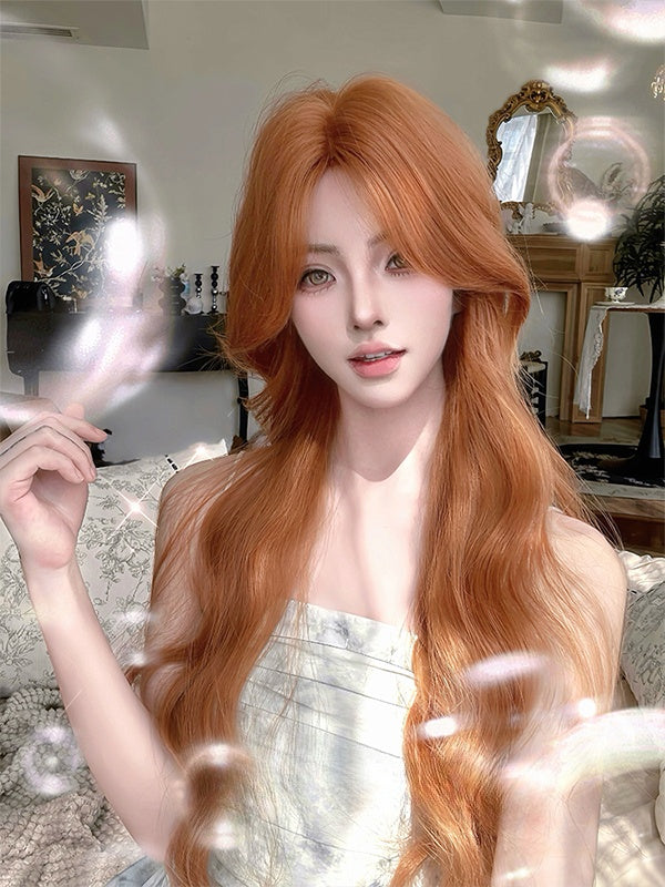 Orange Long Wavy Synthetic Wig With Curtain Bangs