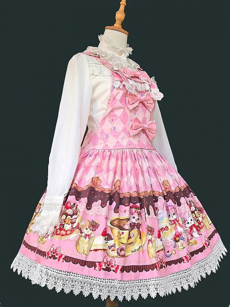 Hood Pattern Diamond Dress Dessert and Lolita Cat Sweet Pink Overall Print with Ear