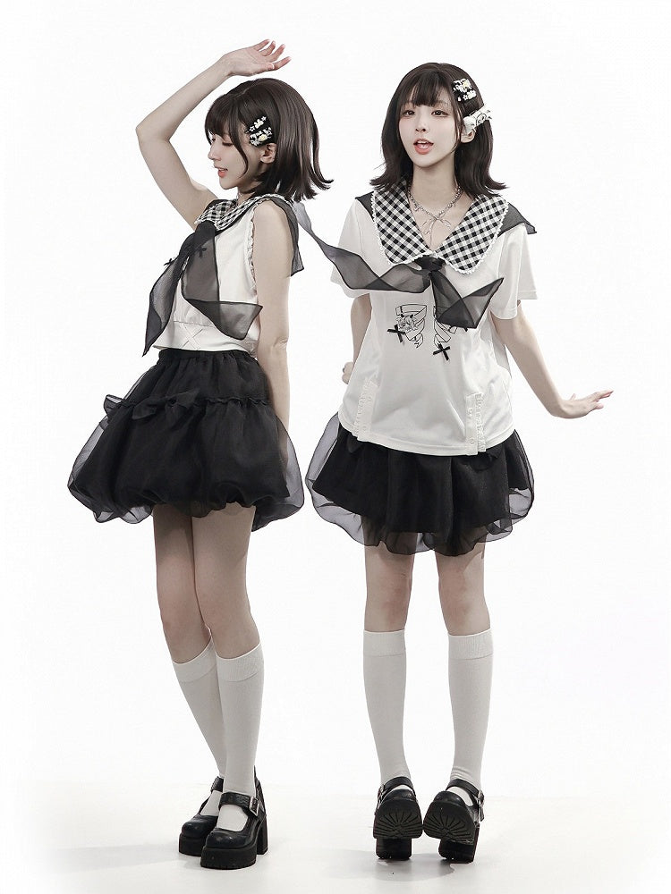 White Gingham Peter Pan Collar Tee with Cartoon Print - PINK SAVIOR
