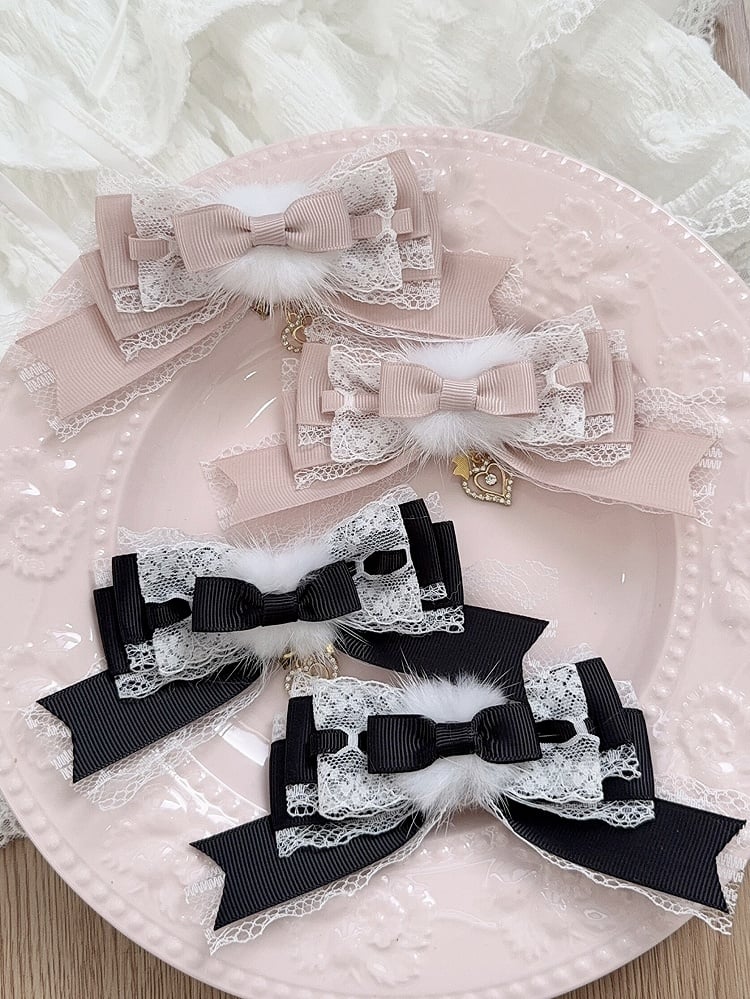 Heart Jirai Charm Colors Bow Hair 6 Furry Clip with Multi-Layered Lace Kei