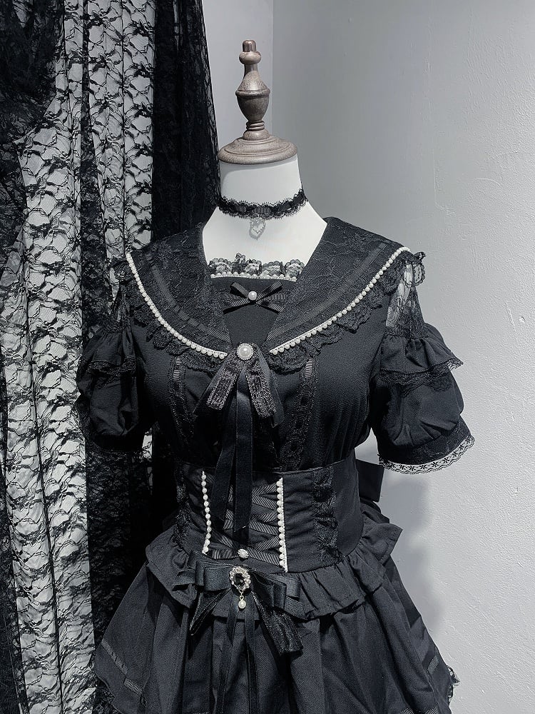 Sleeves Blouse Shoulder Short Beaded Jirai Kei Cutout with Sailor Collar Black/White