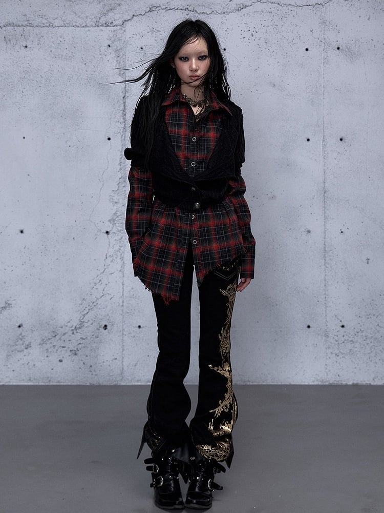 Hem Sleeve Tie Asymmetric Dye with Black Long Wasteland Top Red Punk