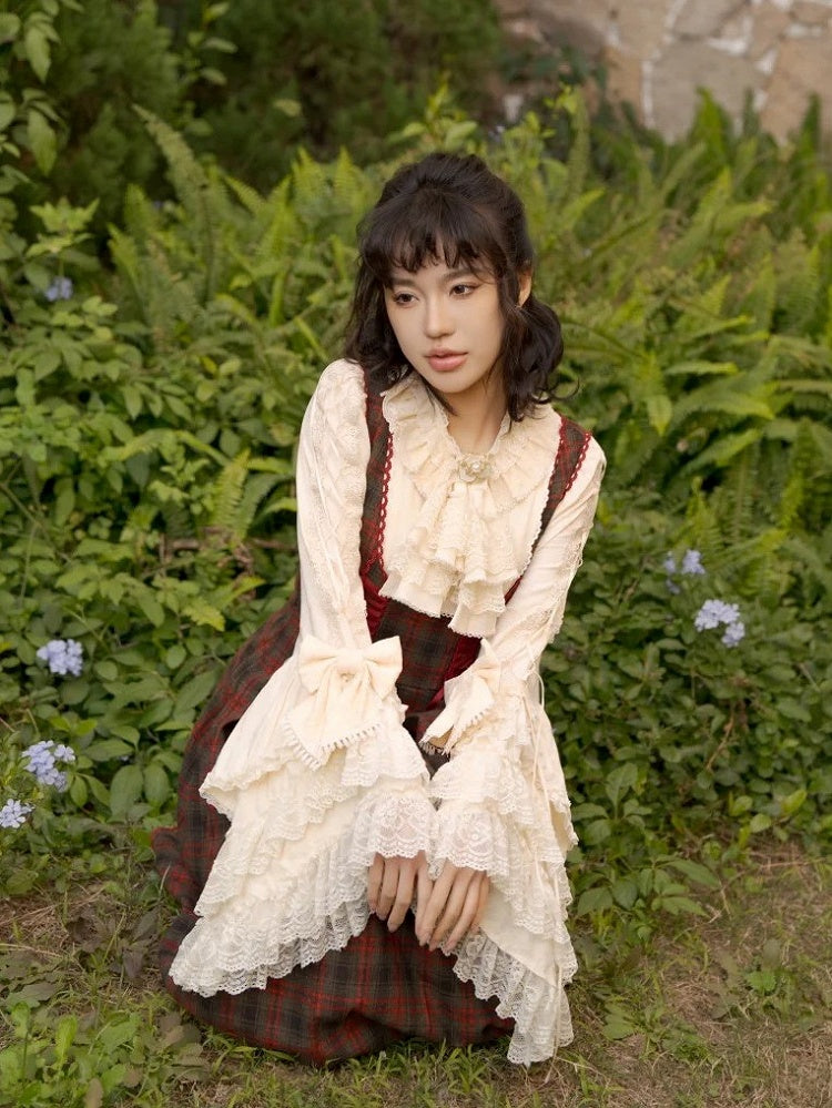 Plaid Classic Dress Details Lace-Up Brown Elegant Reddish Lolita with