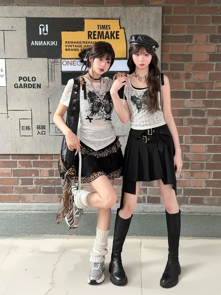 Y2K Black Leopard Pattern Mini Tiered Skirt with Details Glamorous Lace-up