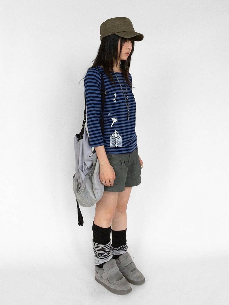 Navy Blue Striped Wide Round Neck Long Sleeve T-shirt with Key and Iron Gate Print - innomoood