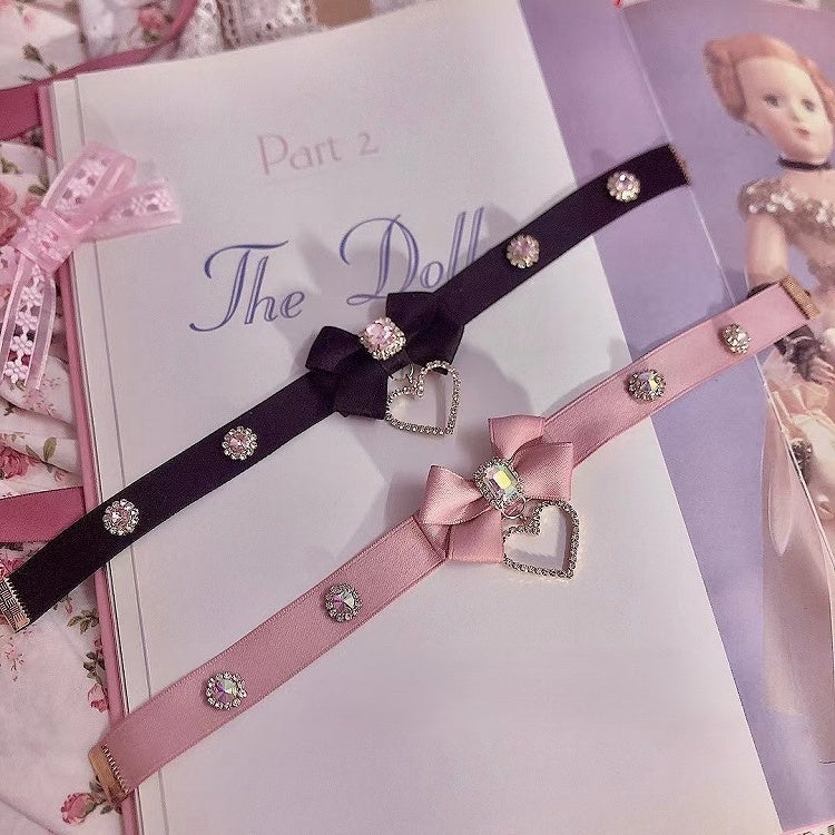 Choker with Rhinestone Black/Pink Pendant Heart Bow