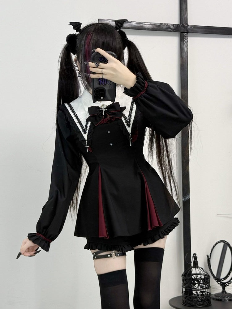 Jirai Kei Outfit Set Black Red Ruffle Dress Shorts Collar Bow Charms - Cotton Candy