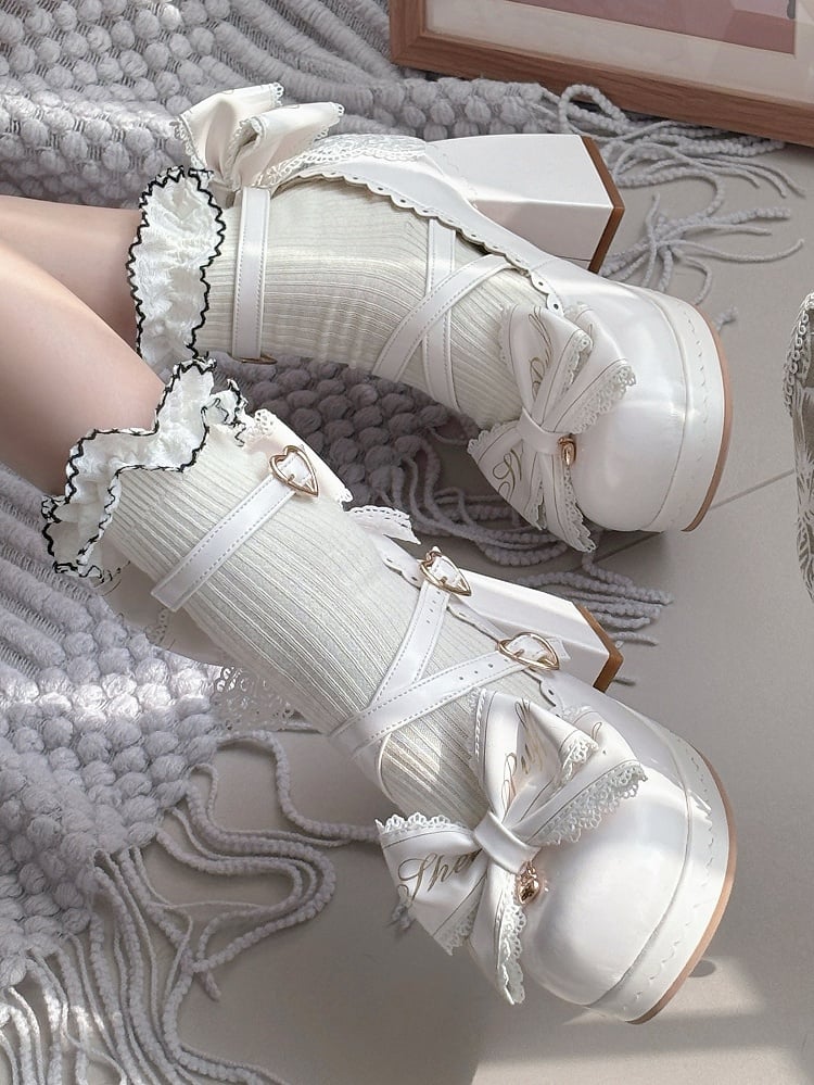 Block Heels Schnallen Hohe Schleife Abnehmbare Crisscross Design Weiß Top Herz bei