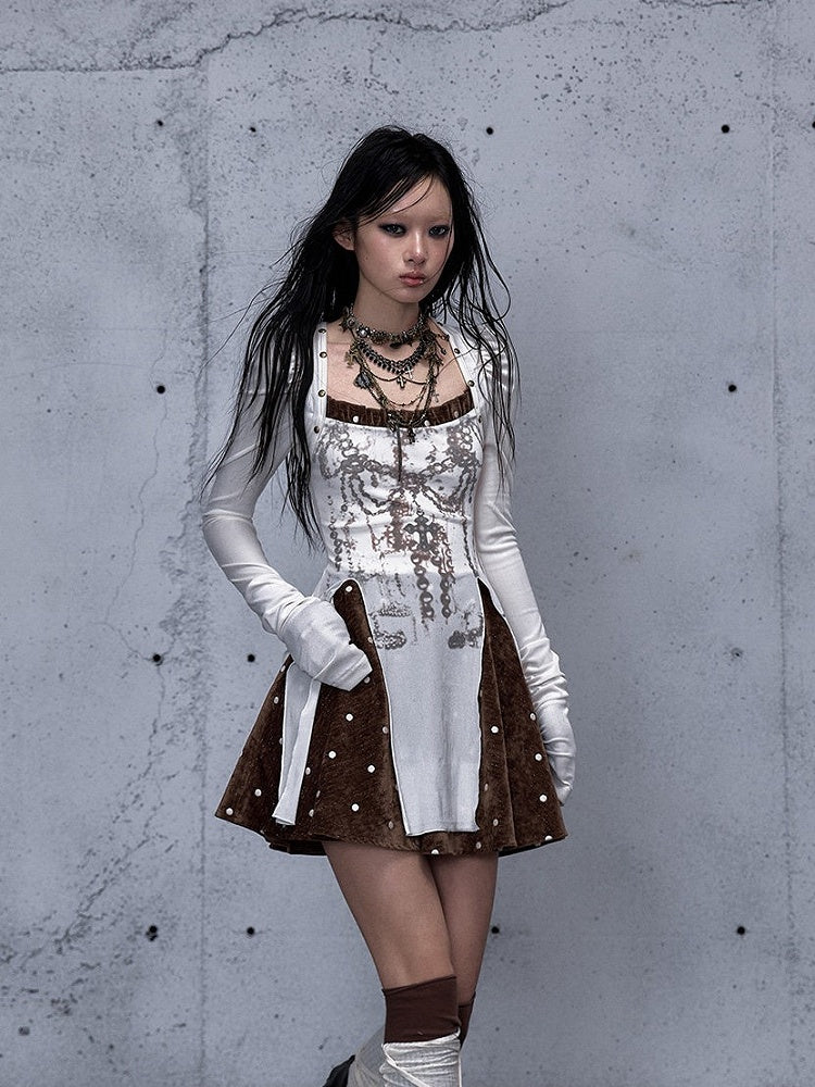 Cross with Brown Punk Vintage Subtle Dress Print Chain Sleeves Beige Puff
