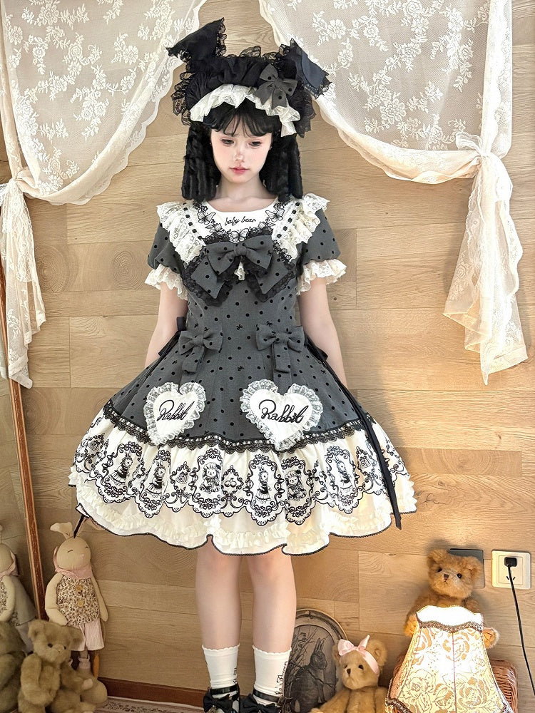 Gray Dot Sweet Lace-Trimmed Pattern Rabbit Dress Appliques with Polka Lolita Sweetheart