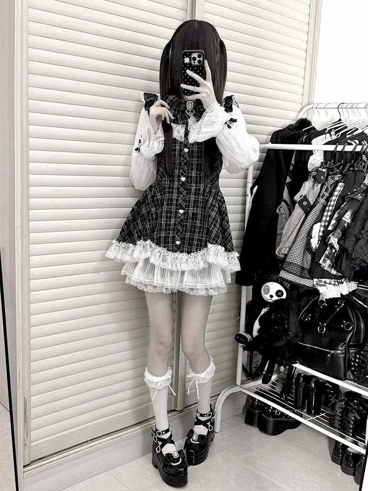Shorts Jirai Trim Dress Matching Plaid Bow Black + Set White Rhinestone Kei Lace Long Sleeve