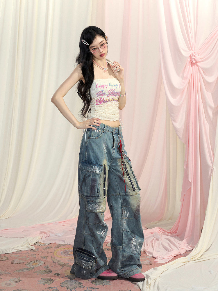 Drucken Glamouröse Trägerlosen Top Spitze Kordelzug Taille Brief Aprikose