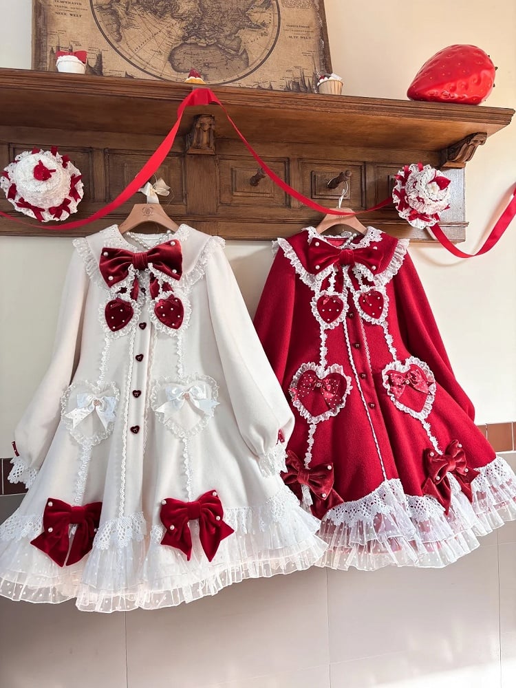 White Red Velvet Lace with and Bows Trim Coat Lolita