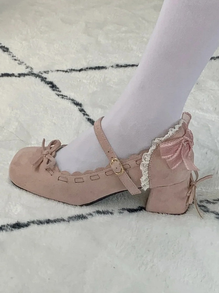Mid - Toe Bow Lolita Pink Elegant for Square Heel Mary Janes Accent with