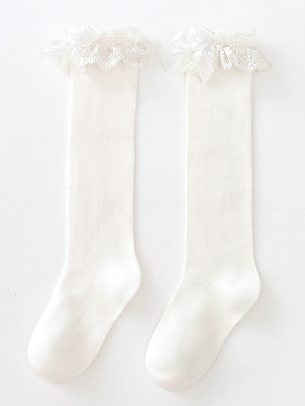 Bowknot Details Lace Black/White Stockings Lolita Underknee/Overknee