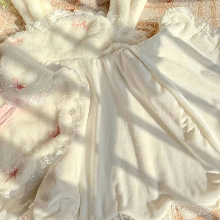 White and Cape with Winter Kitty Pink Ears Lolita Plush Bunny Sweet /