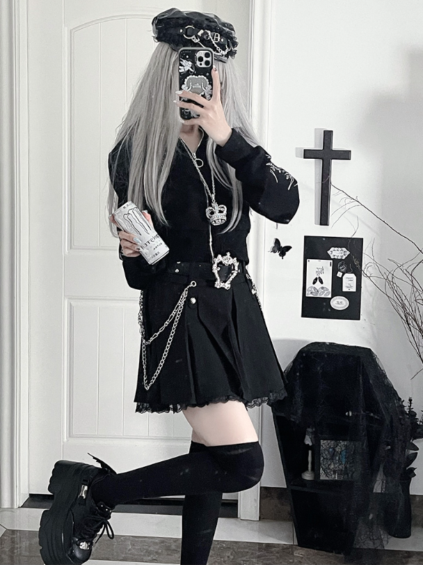 Metal ChainsCross Gothic Studded Motif Black Side PUBelt Lace Hem+Black Skirtwith