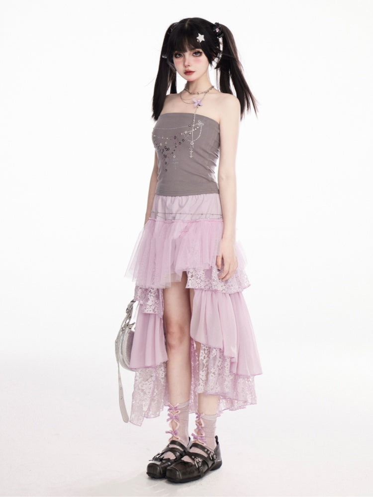 High-Low-Stufenrock Lavendel Elastischer Bund Spitzenbesatz