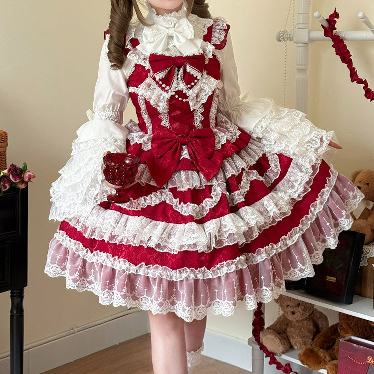 Verzierter Schleifenrock Pullover Weißes Lolita Spitzenkleid Hanayome Rote Borten
