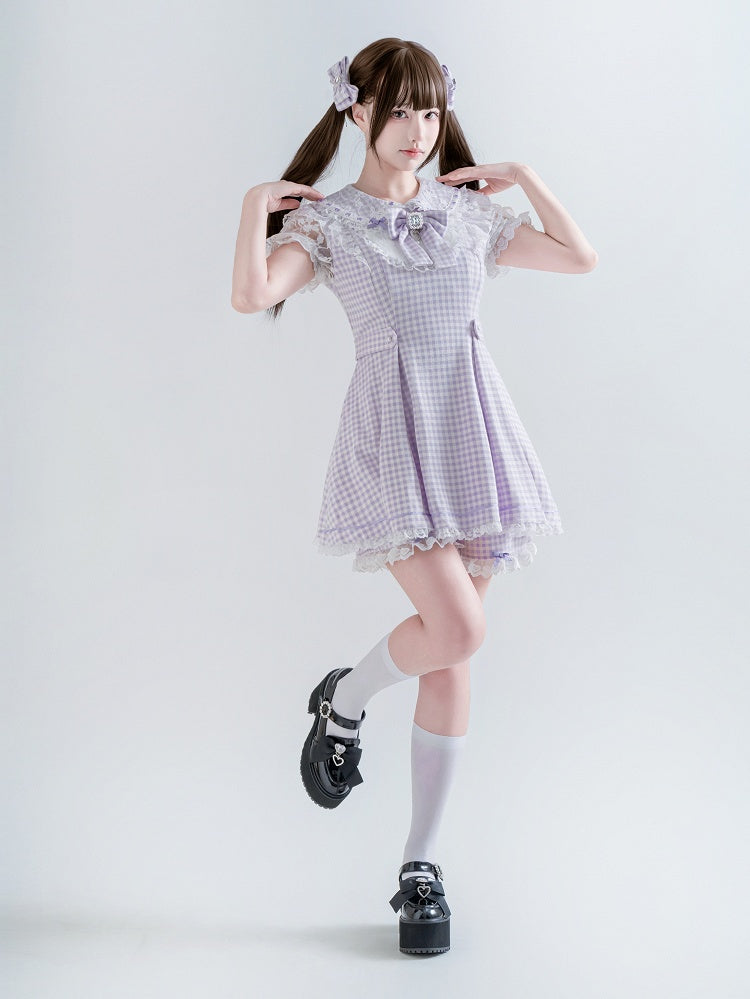 Purple & White Plaid Bow Lace Dress with Shorts - Ostslheep