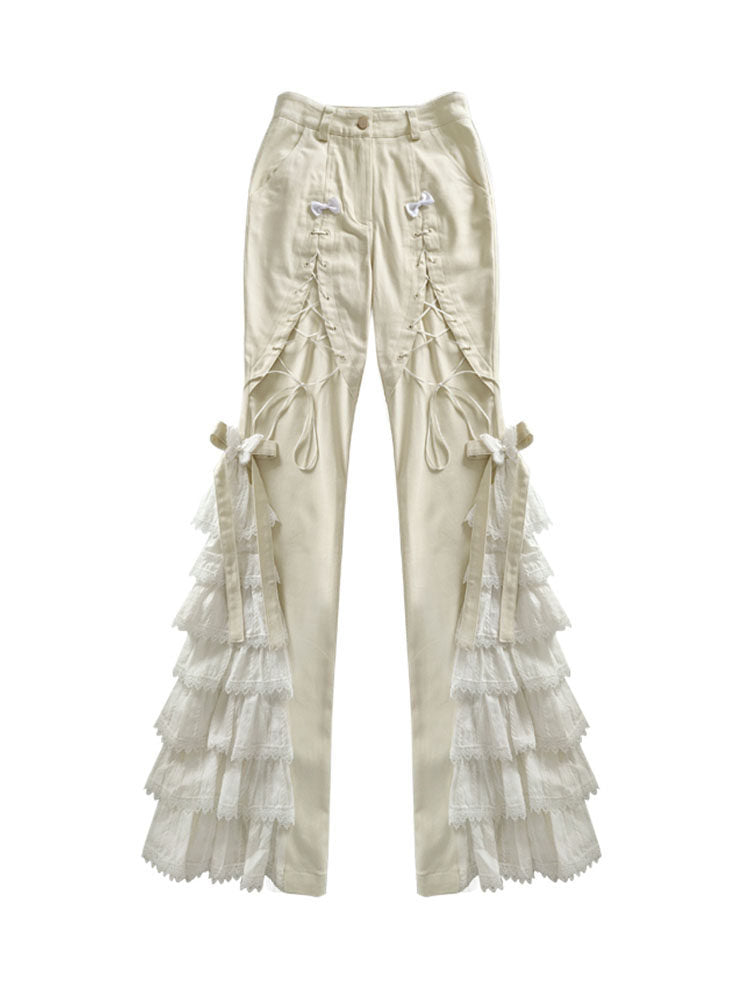 White Tiered Lace Patches Cuffs Flared Pants
