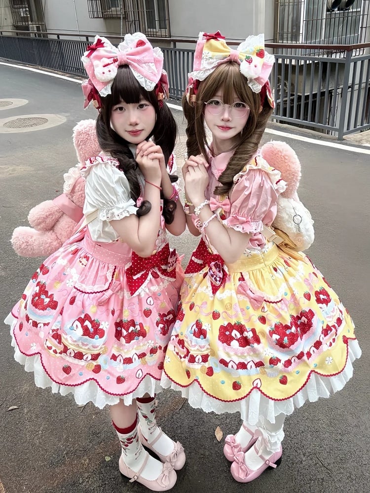 Overall Print und Erdbeerkleid Gelb Dessert Lolita Sweet