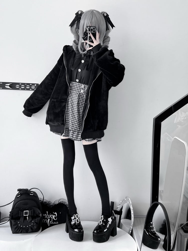 Regular Version Decor Safety Black Fleece Kei Jirai Kitty Coat Pin Ear Hooded