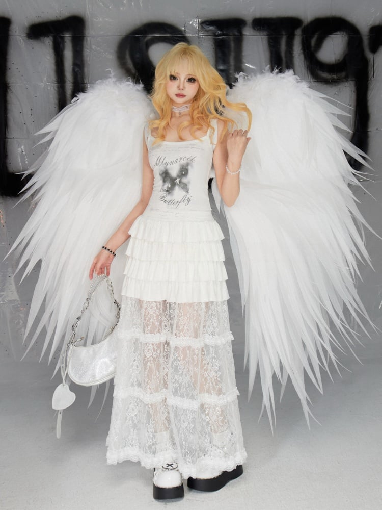 Cami Top Schmetterlingsdruck Spitzenbesatz Weiß Glamorous Slim-Fit