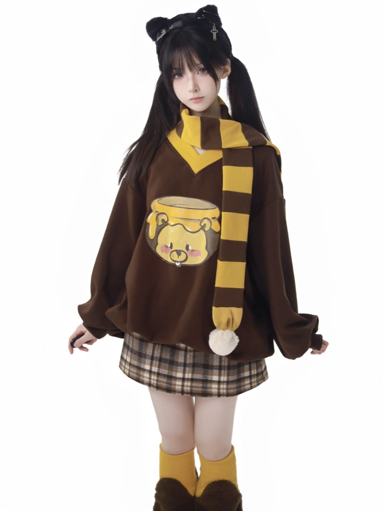 黄色とコーヒー色のストライプ柄ポンポンスカーフ