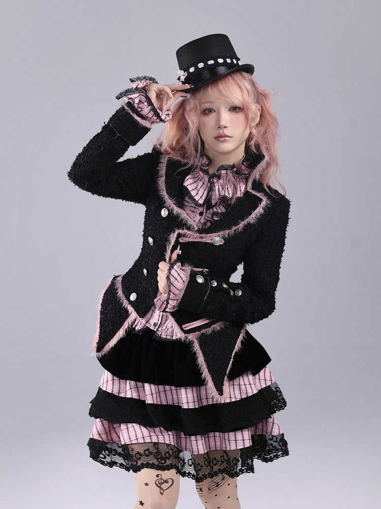 Black & Pink Striped Tiered Skirt with Musical Note Lace Trim - Hime Gyaru Style