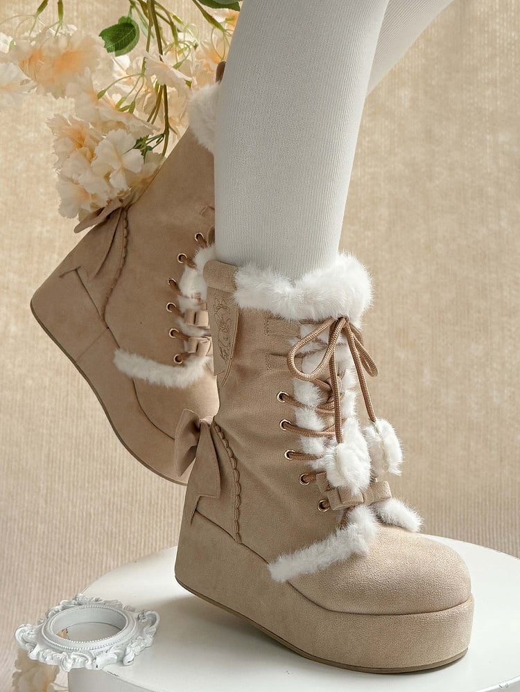 Fleece Lining Lolita Platform Sweet Brown Boots with 4cm Cozy